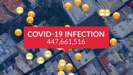 Animation-Von-Covid-19-Daten-über-Emojis-Und-Stadtbild-Im-Hintergrund
