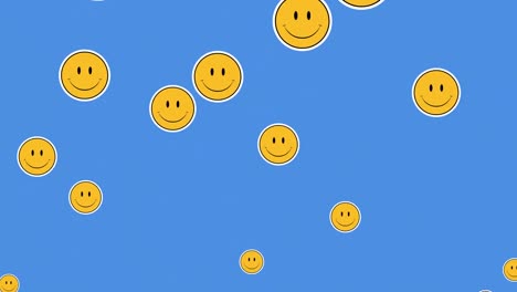 Animation-of-multiple-smiling-face-emojis-on-blue-background