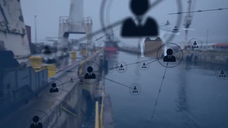 Animation-of-network-of-connections-with-icons-over-drone-carrying-box-and-port-in-background