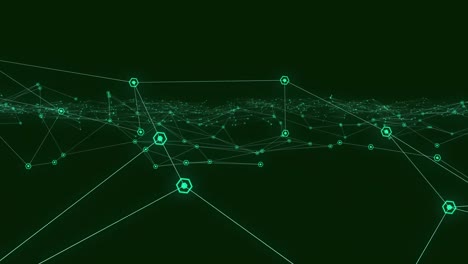Animation-of-glowing-green-communication-network-floating-on-black-background