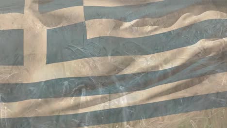 Animation-Der-Flagge-Griechenlands,-Die-über-Einem-Weizenfeld-Weht
