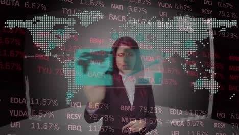 Animation-of-businesswoman-using-touchscreen-with-map-and-interface-processing-financial-data