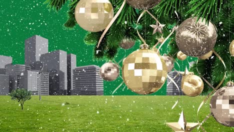 Animation-of-snow-falling-over-baubles-on-christmas-tree-and-cityscape-on-green-background