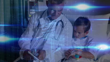 Animation-of-binary-coding-data-processing-over-boy-patient-and-male-doctor-using-tablet