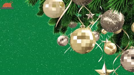 Animation-of-snow-falling-over-baubles-on-christmas-tree-on-green-background