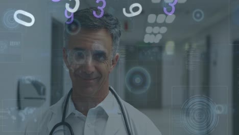 Animation-of-numbers-changing-and-scopes-on-screens-over-male-doctor-with-stethoscope
