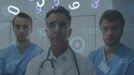 Animation-of-numbers-changing-and-scopes-on-screens-over-male-doctors-with-stethoscope