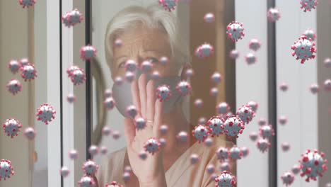 Animation-Von-Covid-19-Zellen-über-Einer-älteren-Frau-Mit-Gesichtsmaske-Am-Fenster