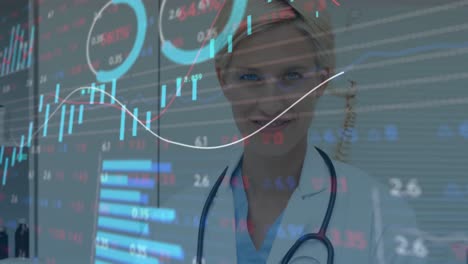 Animation-of-data-processing-and-statistics-over-female-doctor-with-stethoscope