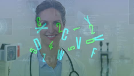 Animation-of-numbers-and-letters-changing-and-scopes-on-screens-over-female-doctor-with-stethoscope
