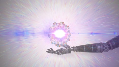 Animation-of-network-of-media-icons-over-hand-of-robot-arm,-with-prismatic-light-on-grey-background