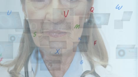 Animation-of-letters-changing-and-screens-with-scopes-over-female-doctor-with-stethoscope