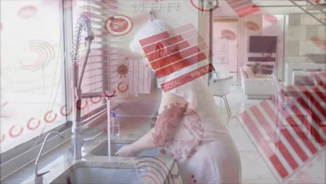 Animation-Von-Covid-19-Zellen-Und-Statistiken-über-Eine-ältere-Frau-Beim-Abwaschen