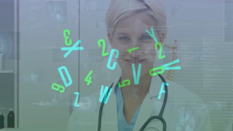 Animation-of-data-processing-and-letters-changing-over-female-doctor-with-stethoscope
