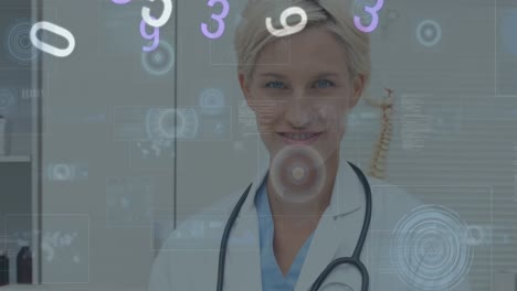 Animation-of-numbers-changing-and-scopes-on-screens-over-female-doctor-with-stethoscope