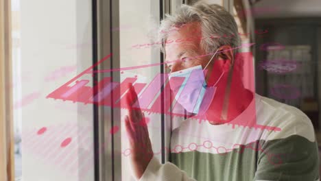 Animation-of-covid-19-cells-and-statistics-over-senior-man-in-face-mask-by-window