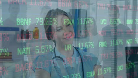 Animation-of-data-processing-over-female-doctor-with-stethoscope