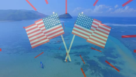 Animation-Von-Zwei-Gekreuzten-Flaggen-Amerikas-Und-Roten-Streifen-über-Sonnigem-Strand-Und-Meer