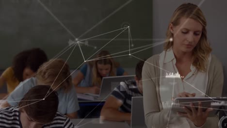 Animation-of-network-of-connections-over-female-teacher-with-tablet-and-students