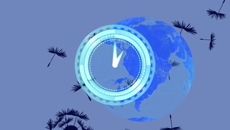 Animation-of-clock-moving-fast-over-globe-with-on-blue-background