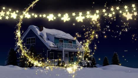 Animation-Von-Sternschnuppen--Und-Weihnachtsstern-Lichterketten-über-Einem-Schneebedeckten-Haus