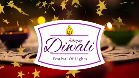 Animation-of-happy-diwali-festival-of-lights-text,-with-golden-stars,-over-lit-candles-on-table