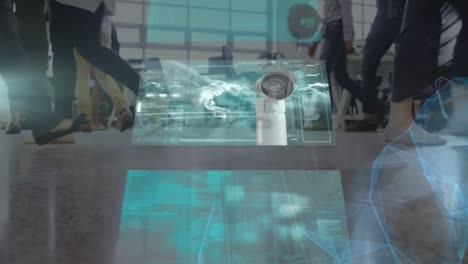 Animation-of-data-processing-on-screens-over-people-walking-in-slow-motion