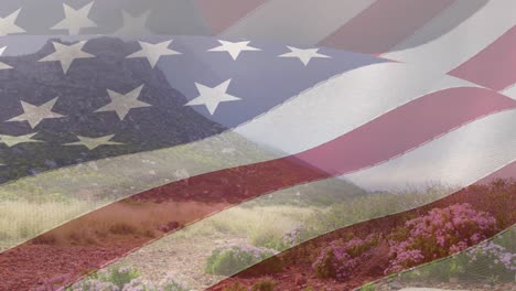 Animation-Der-Amerikanischen-Flagge-über-Einem-Grasbewachsenen-Berghang