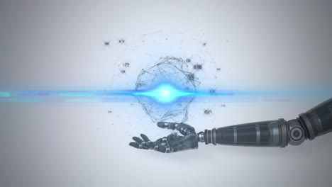 Animation-of-network-of-processing-data-over-hand-of-robot-arm,-with-blue-light-on-grey-background