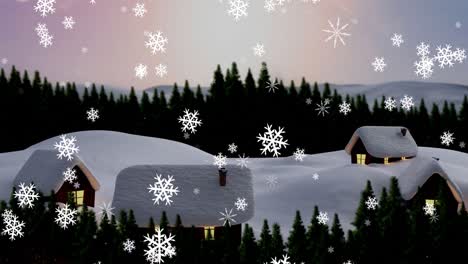 Animation-of-snow-falling-over-christmas-scenery-with-fir-trees-and-houses