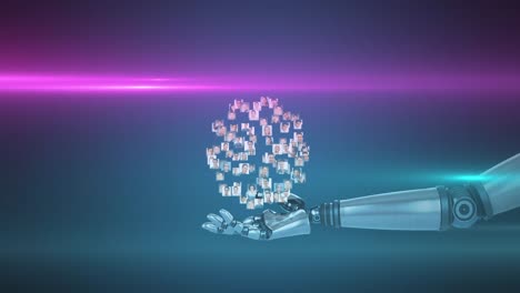 Animation-of-growing-network-of-people-over-hand-of-robot-arm,-with-pink-light-on-dark-background
