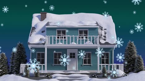 Animation-Von-Weihnachtsschneeflocken,-Die-über-Schneebedecktes-Haus-Und-Garten-Fallen