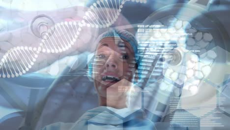 Animation-of-dna-strand-and-person-typing-on-keyboard-over-female-surgeon-talking