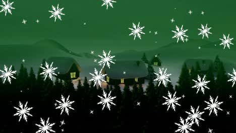 Animation-Von-Schnee,-Der-über-Eine-Weihnachtslandschaft-Mit-Häusern-Und-Bäumen-Fällt