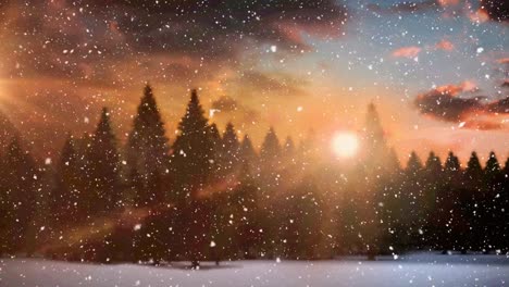 Animation-Von-Schnee,-Der-über-Die-Weihnachtliche-Winterlandschaft-Mit-Bäumen-Fällt