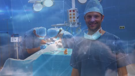 Animation-Eines-Netzwerks-Von-Verbindungen-über-Einem-Lächelnden-Männlichen-Chirurgen