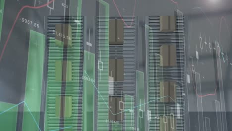 Animation-Der-Statistikverarbeitung-über-Kartons-Auf-Förderbändern-Im-Hintergrund