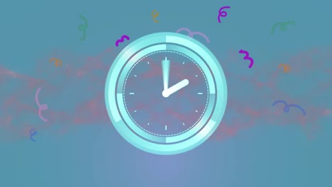 Animation-of-scanner-with-clock-face-over-pink-vapour-and-squiggles-on-blue-background