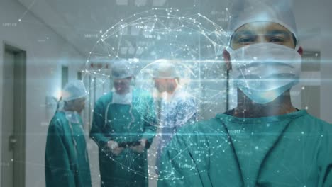 Animation-of-globe-with-network-of-connections-over-surgeons-in-face-masks