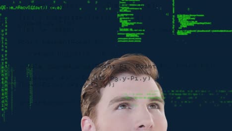 Animation-of-interface-with-green-and-black-data-processing-over-smiling-inquisitive-caucasian-man