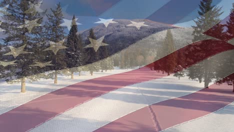 Animation-of-american-flag-over-snow-covered-forest-and-hill