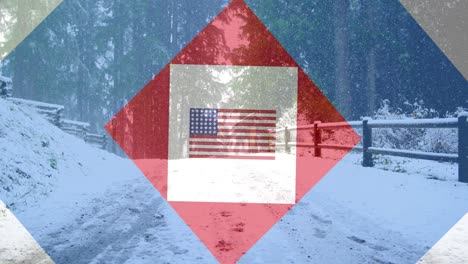 Animation-of-flag-of-america-and-red,-white-and-blue-squares-over-forest-in-winter