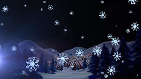 Animation-of-snow-falling-over-village,-trees-and-mountains-at-christmas