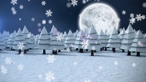 Animation-Von-Schneeflocken,-Die-über-Die-Weihnachtslandschaft-Mit-Mond-Fallen