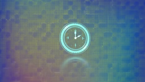 Animation-of-scanner-with-clock-face-over-pixelated-yellow-and-blue-background