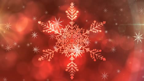 Animation-of-falling-snow-and-christmas-snowflake-on-red-bokeh-background