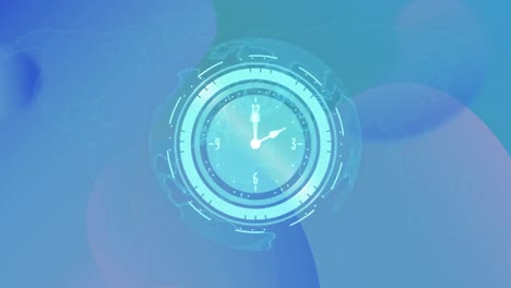 Animation-of-clock-moving-fast-over-globe-on-blue-background