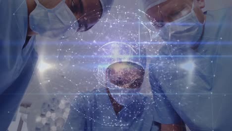 Animation-of-globe-with-network-of-connections-over-surgeons-in-operating-theatre