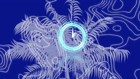Animation-of-clock-moving-fast-over-white-map-lines-and-palm-tree-on-blue-background