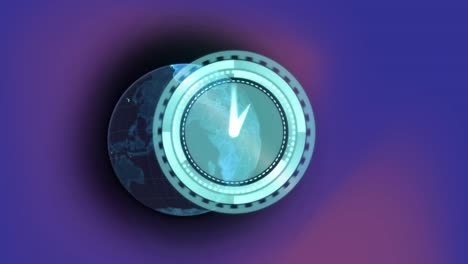 Animation-of-scanner-with-clock-face-over-glowing-blue-globe-on-dark-purple-background
